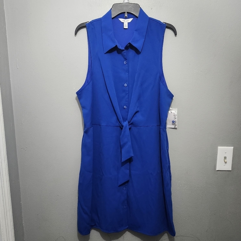 Nine West Tie Front Button Down Blue Mini Shirt Dress Size XXL New With Tags - Picture 1 of 7